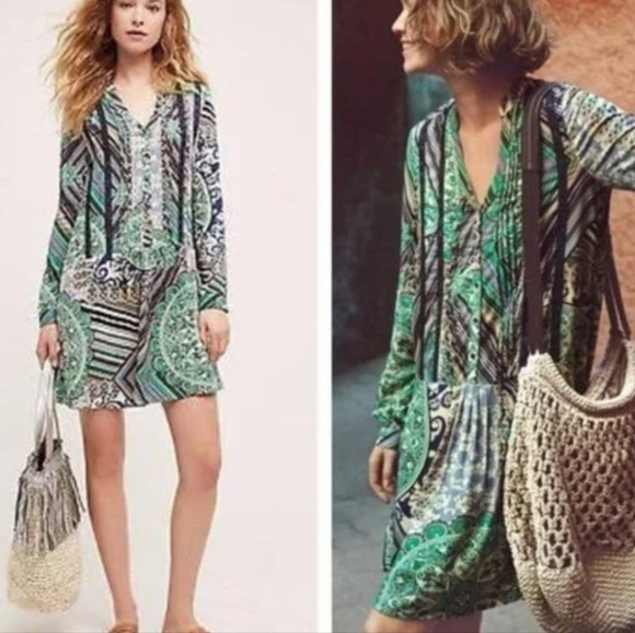 Anthropologie Tiny Caviana Shirt Dress Green Medium Drop Waist Loose Fit - Picture 1 of 9